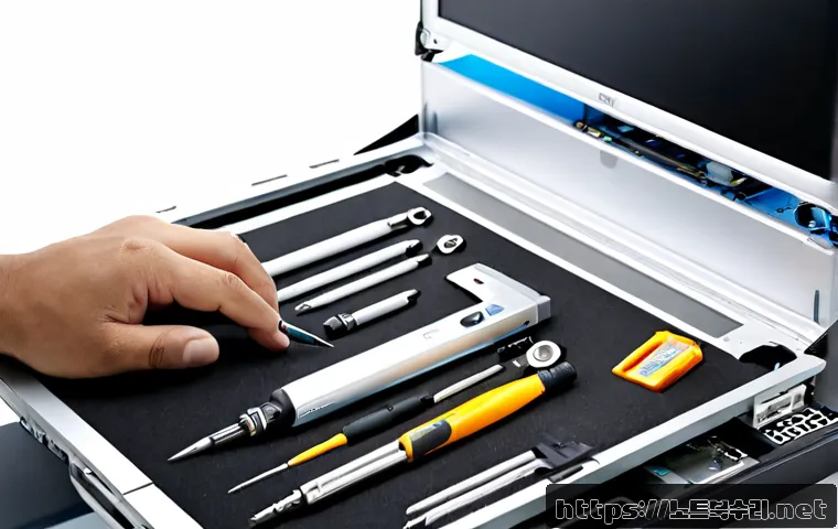 능동 맥북에어 판매 및 수리 - Photorealistic premium electronics repair workstation, technician carefully replacing a component in...