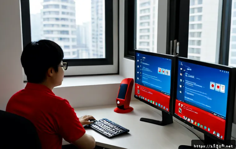 구의동 STATUS_INVALID_OBJECT - Photorealistic IT support workstation in a compact Guui-dong apartment office, dual monitors showing...