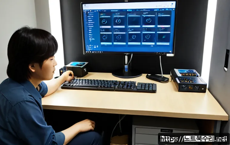 신이문동 네트워크구축 설정 및 세팅오류해결 - Photorealistic network technician configuring a compact office workstation in a low-rise neighborhoo...