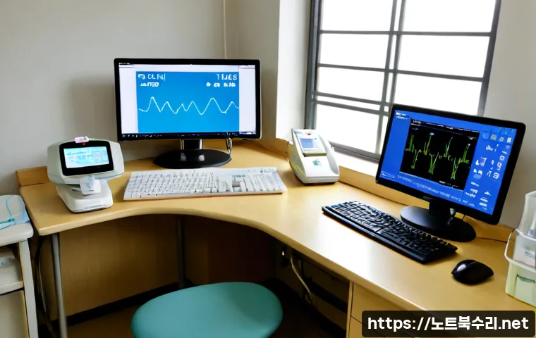 미양면 USER_MODE_HEALTH_MONITOR - Photorealistic remote health-monitoring workstation in a quiet rural Korean clinic near Miyan-myeon,...