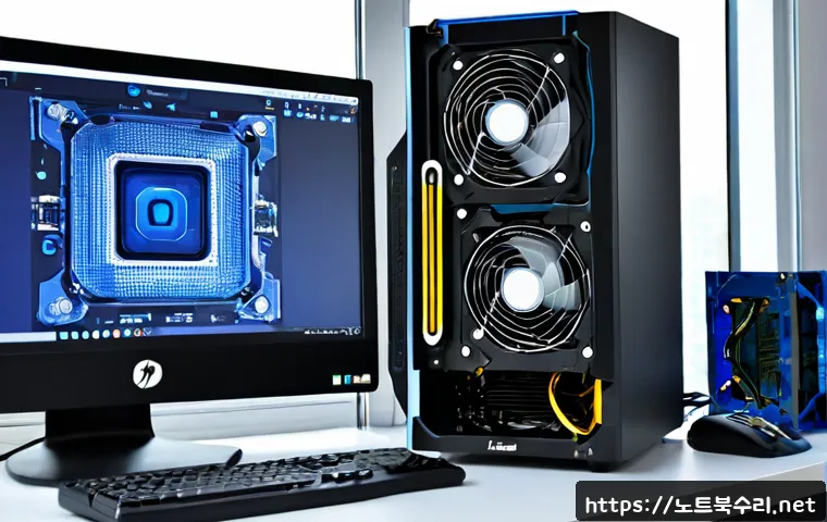 동두천 쿨러조립 및 교체수리 - Photorealistic computer repair workstation in Dongducheon, technician carefully installing a tower C...