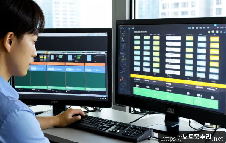 주엽동 STATUS_KERNEL_DISK_ERROR - Photorealistic IT support workstation in a modern Juyup-dong apartment office, dual monitors showing...