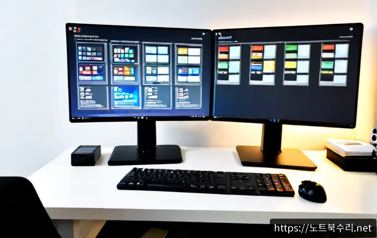 동삭동 STATUS_KERNEL_MODULE_NOT_FOUND - Photorealistic IT support workstation in a modern apartment office, dual monitors showing abstract d...
