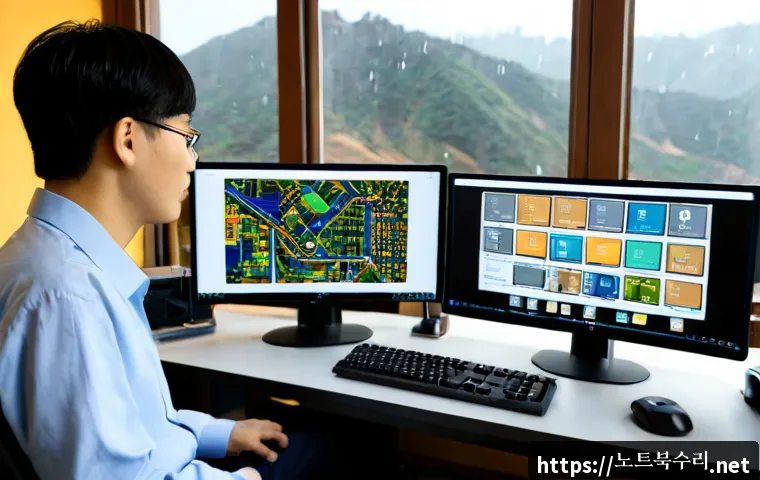 멱곡동 STATUS_MEMORY_ACCESS_DENIED - Photorealistic IT support workstation in a compact Korean apartment office, dual monitors showing a ...