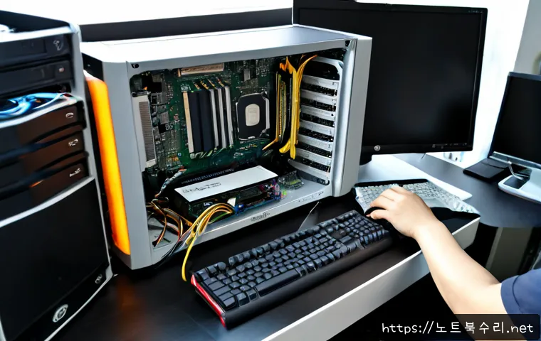 삼송동 VGA조립 및 교체수리 - Photorealistic computer repair workstation in a compact Samsong-dong apartment office, technician ca...